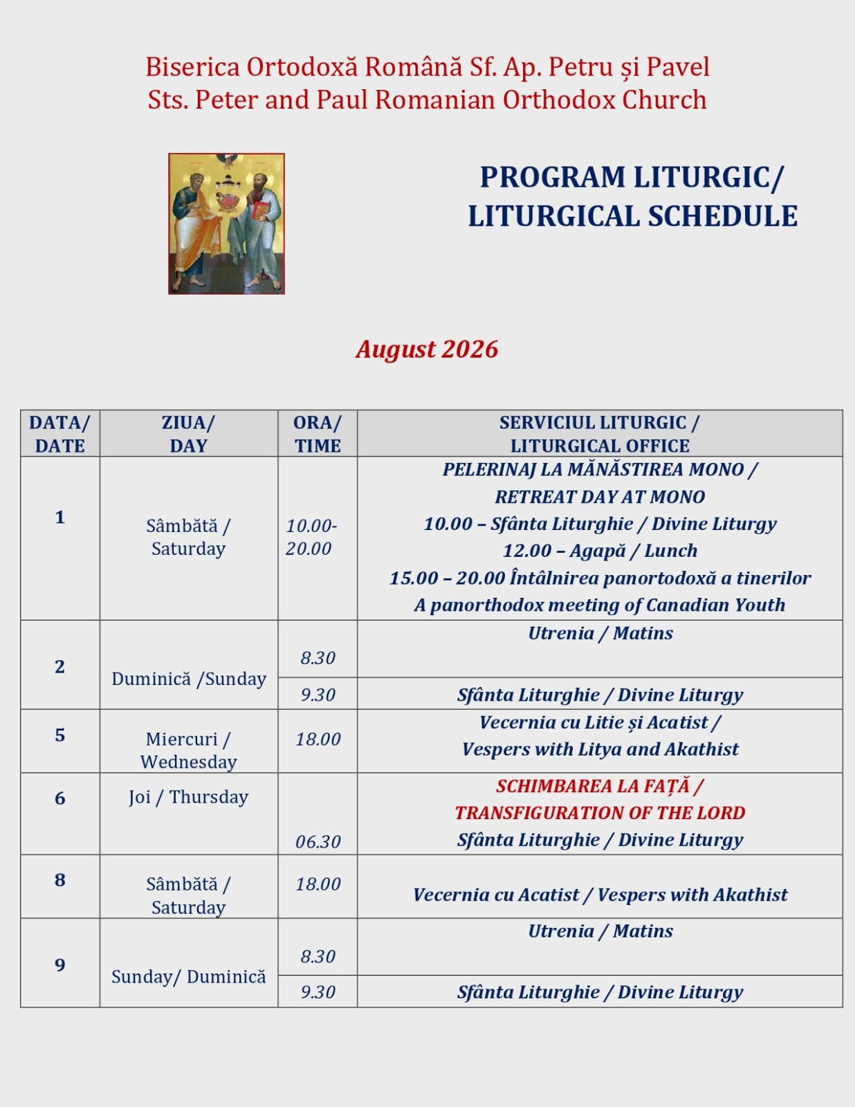 Programul Liturgic – August 2026 (pg. 1)
