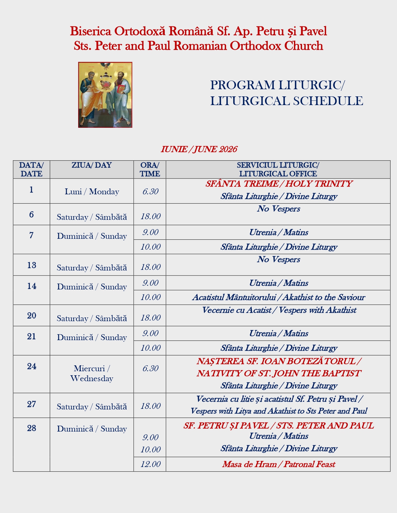 Programul Liturgic – Iunie 2026 (pg. 1)